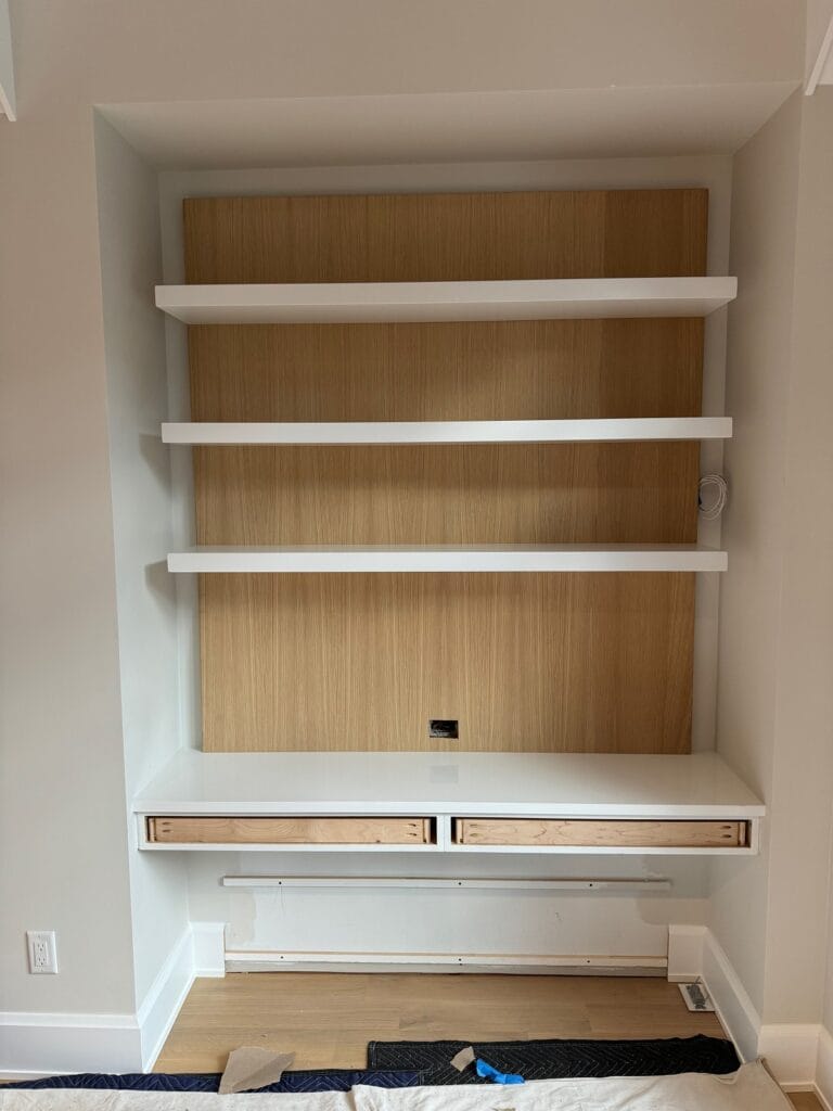 Master bathroom, Floating desk with shelves