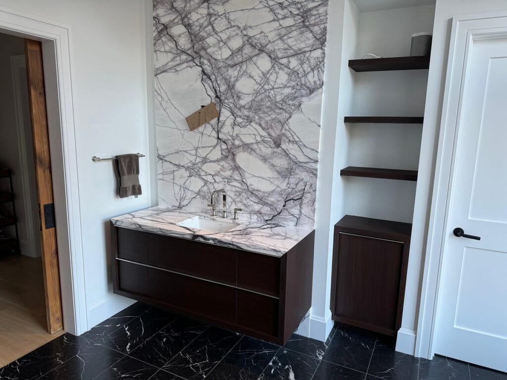 Master bathroom, Floating desk with shelves